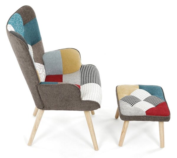 Relaxačné kreslo ušiak LISA + taburet — masív, látka, patchwork