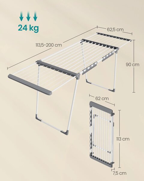 SONGMICS Šírkovo nastaviteľný sušiak na bielizeň Grent 90 cm biely/sivý