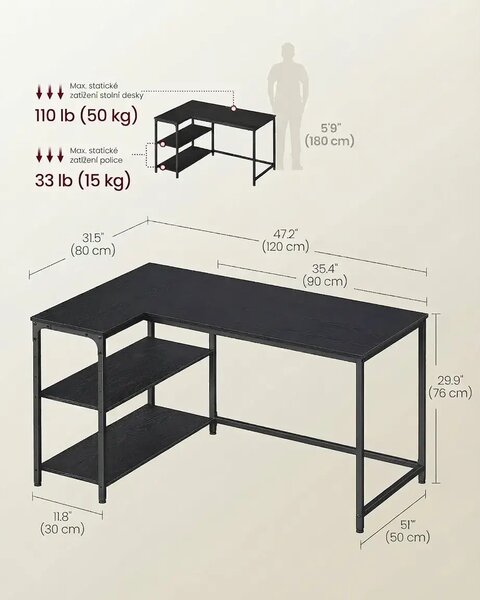SONGMICS Rohový písací stôl Vasagle Endas 120 cm čierny