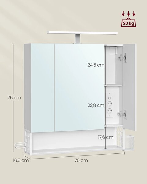 SONGMICS Kúpeľňová skrinka so zrkadlom a integrovanou nabíjacou stanicou a LED osvetlením Vasagle Elory 70 cm biela