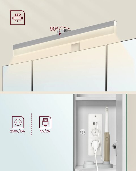 SONGMICS Kúpeľňová skrinka so zrkadlom a integrovanou nabíjacou stanicou a LED osvetlením Vasagle Elory 70 cm biela