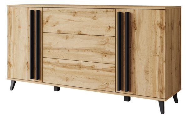 MINIO komoda "HURON" 150 cm s 2 dvierkami, 3 zásuvkami a nožičkami – dub Wotan / čierna