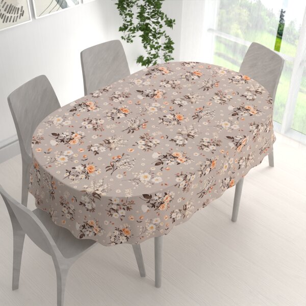 Biante Bavlnený oválny obrus Sandra SA-739 Ruže a konvalinky na béžovosivom 50x100 cm