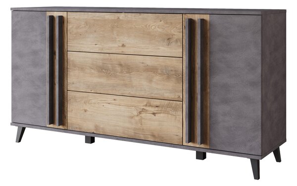 Komoda MINIO "HURON" s rozmermi 150 cm, s 2 dvierkami, 3 zásuvkami a nožičkami – farba: Materi/Breslau, orech