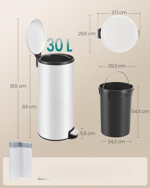 SONGMICS Okrúhly odpadkový kôš Jelis 30 L biely