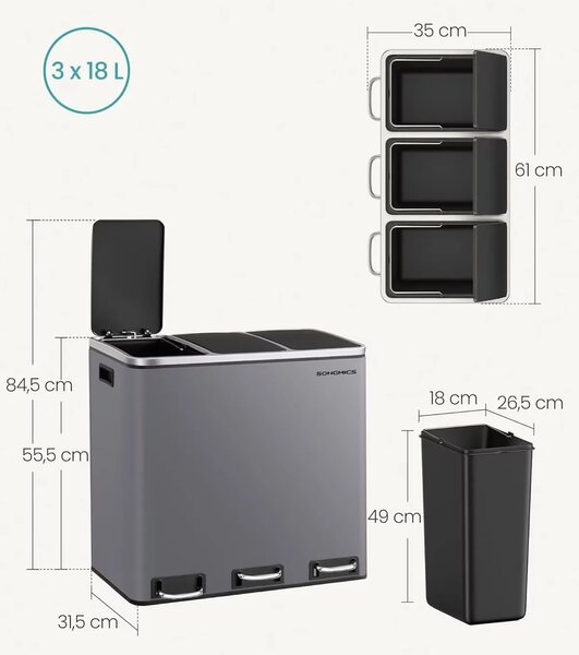 SONGMICS Odpadkový kôš Flace 3x18 L sivý/čierny