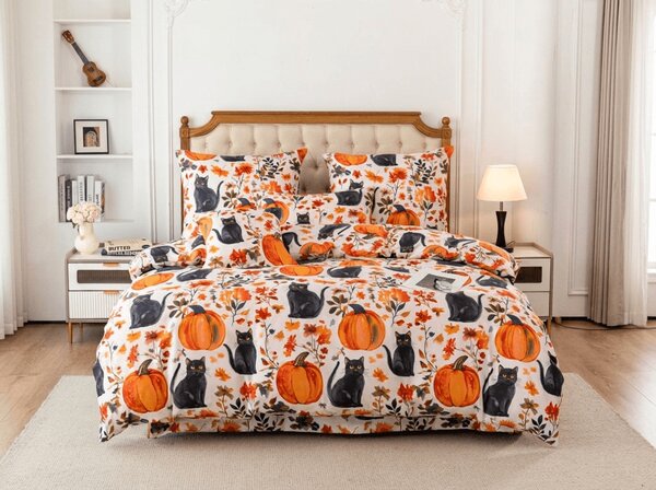 Obliečky z mikrovlákna CATS AND PUMPKINS farebné Rozmer obliečky: 70 x 90 cm | 140 x 200 cm