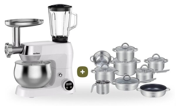 MEGAKOMBO Multifunkčný kuchynský robot BestBerg BBR-1900P + 15dielna sada riadu s mramorovým povrchom BestBerg BBSC-15 / strieborná