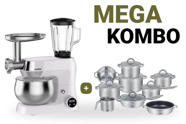 MEGAKOMBO Multifunkčný kuchynský robot BestBerg BBR-1900P + 15dielna sada riadu s mramorovým povrchom BestBerg BBSC-15 / strieborná