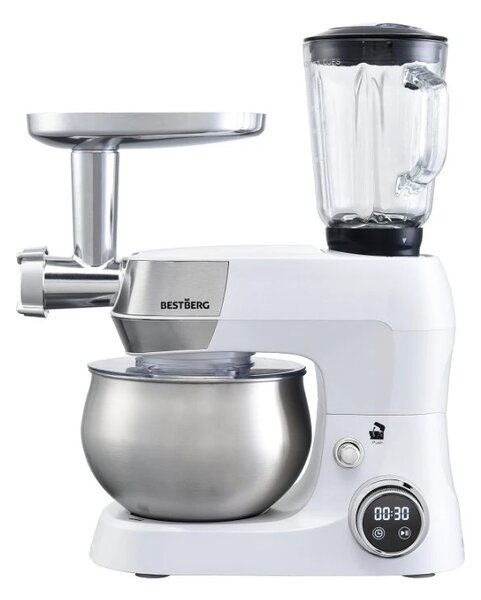 MEGAKOMBO Multifunkčný kuchynský robot BestBerg BBR-1900P + 15dielna sada riadu s mramorovým povrchom BestBerg BBSC-15 / strieborná
