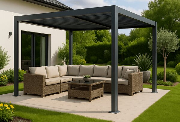 ZÁHRADNÉ KOMBO bioklimatická pergola s lamelami BestBerg BBP-9G + záhradný jedálenský set 4+1 BestBerg BBGF-62BK