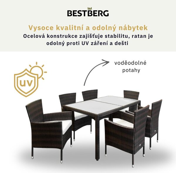 7-dielny záhradný ratanový jedálenský set s polstrovaním BestBerg BBRF-80B / hnedá/béžová
