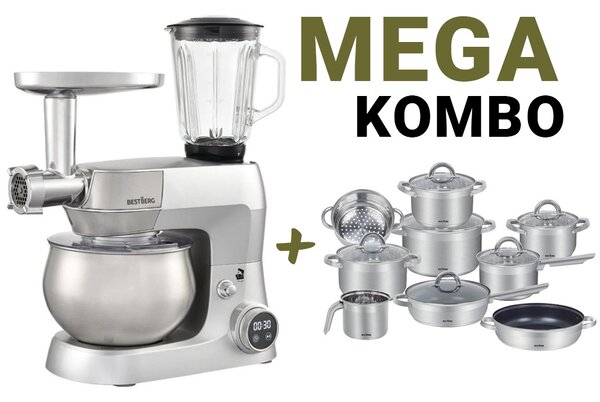 MEGAKOMBO Multifunkčný kuchynský robot BestBerg BBR-1900S + 15dielna sada nerezových hrncov a nepriľnavých panvíc BestBerg BBSC-15 / strieborná