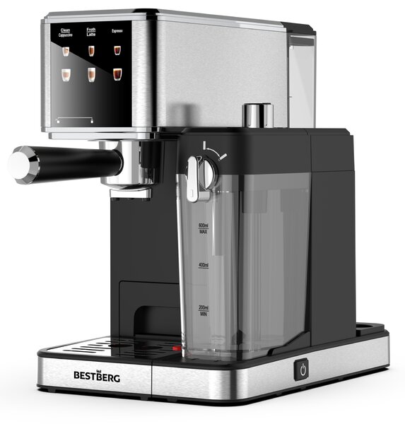 Pákový kávovar s napeňovačom mlieka BestBerg BBCF-2032 / 1350 W / 1,2 l / 20 bar / strieborná/čierna