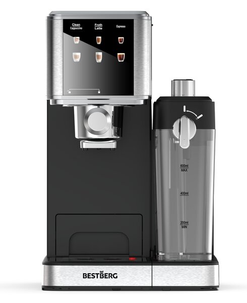 Pákový kávovar s napeňovačom mlieka BestBerg BBCF-2032 / 1350 W / 1,2 l / 20 bar / strieborná/čierna
