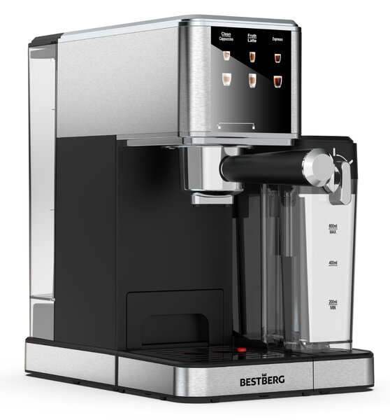 Pákový kávovar s napeňovačom mlieka BestBerg BBCF-2032 / 1350 W / 1,2 l / 20 bar / strieborná/čierna