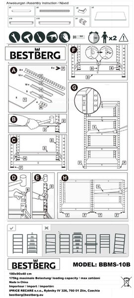 Kovový regál BestBerg BBMS-10B / 90 x 180 x 40 cm / 5 políc / čierna / hnedá
