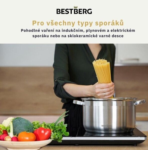 MEGAKOMBO BestBerg BBR-2000S multifunkčný kuchynský robot s nástavcami na cestoviny + 15-dielna sada hrncov a panvíc s nepriľnavým povrchom z nehrdzavejúcej ocele BestBerg BBSC-15 / strieborná