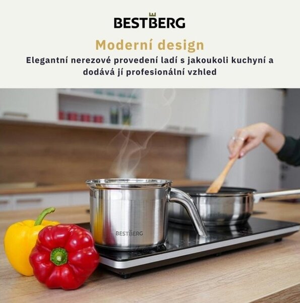 MEGAKOMBO BestBerg BBR-2000S multifunkčný kuchynský robot s nástavcami na cestoviny + 15-dielna sada hrncov a panvíc s nepriľnavým povrchom z nehrdzavejúcej ocele BestBerg BBSC-15 / strieborná