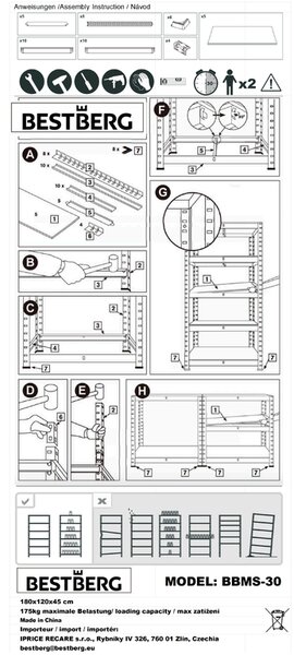 Kovový regál BestBerg BBMS-30 / 120 x 180 x 45 cm / 5 políc / strieborná/hnedá