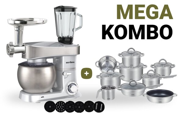 MEGAKOMBO BestBerg BBR-2000S multifunkčný kuchynský robot s nástavcami na cestoviny + 15-dielna sada hrncov a panvíc s nepriľnavým povrchom z nehrdzavejúcej ocele BestBerg BBSC-15 / strieborná