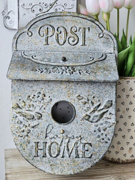 Šedá poštová schránka v tvare vtáčej búdky Post s vtáčikmi - 27*11*41 cm - Clayre & Eef