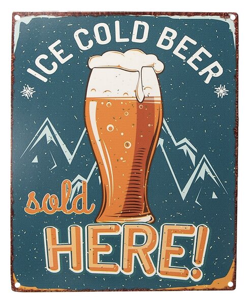 Modrá antik nástenná kovová ceduľa Ice Cold Beer, Sold Here - 20*1*25 cm - Clayre & Eef
