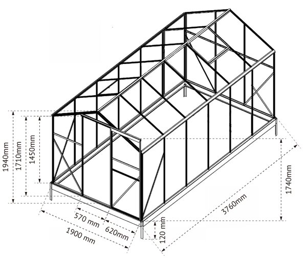 Skleník so základňou BestBerg BBGH‑1206S / 7,05 m² / 371 × 190 × 194 cm / strieborná