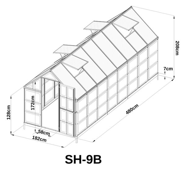 Skleník so základňou BestBerg SH‑6B / 6,6 m² / 364 × 182 × 208 cm / čierna