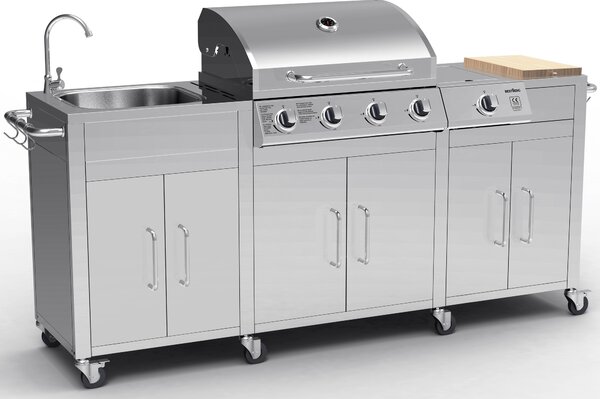 Nerezová záhradná BBQ kuchyňa s umývadlom BestBerg BBBQ-29SS / 5 horákov / 17,2 kW / strieborná