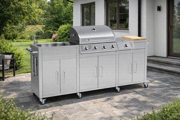 Nerezová záhradná BBQ kuchyňa s umývadlom BestBerg BBBQ-29SS / 5 horákov / 17,2 kW / strieborná