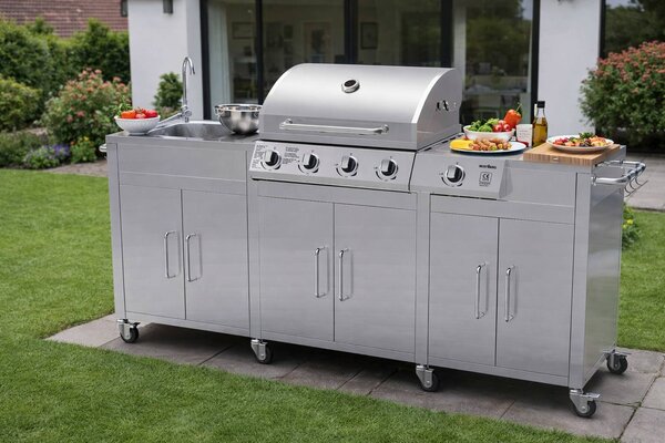 Nerezová záhradná BBQ kuchyňa s umývadlom BestBerg BBBQ-29SS / 5 horákov / 17,2 kW / strieborná