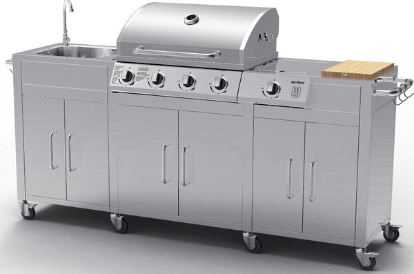 Nerezová záhradná BBQ kuchyňa s umývadlom BestBerg BBBQ-29SS / 5 horákov / 17,2 kW / strieborná