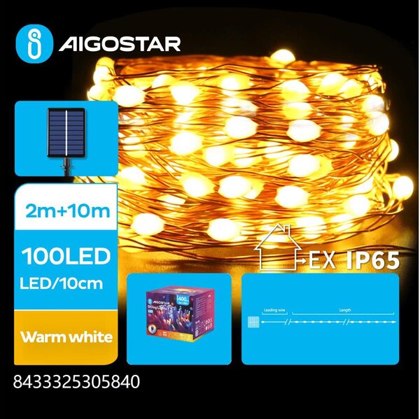 Aigostar - LED Solárny vianočný reťazec 100xLED/8 funkcií 12m IP65 teplá biela