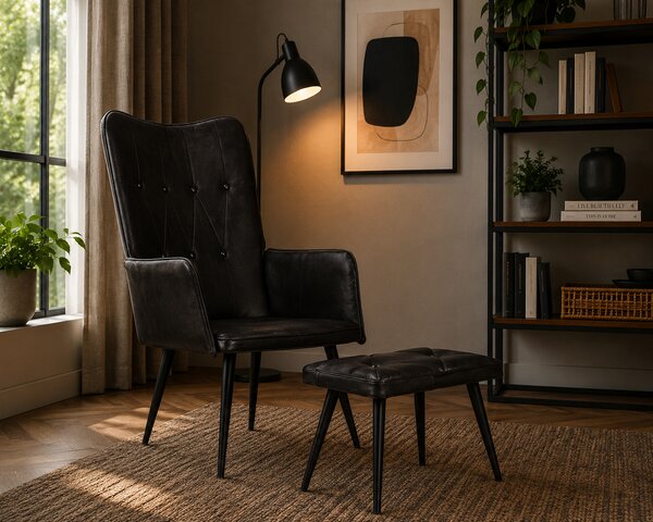 Kožené kreslo s taburetom BestBerg 339666 / čierna