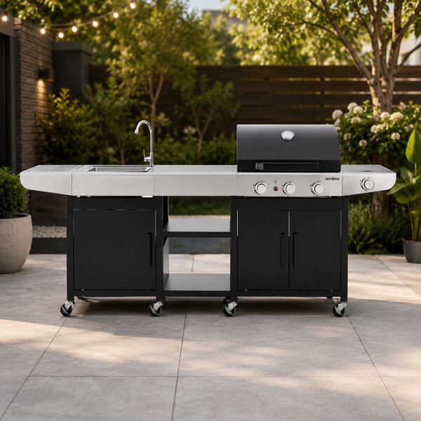 Záhradná BBQ kuchyňa s umývadlom BestBerg BBBQ-25SB / 4 horáky / 11,5 kW / čierna/strieborná
