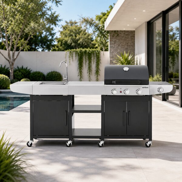 Záhradná BBQ kuchyňa s umývadlom BestBerg BBBQ-25SB / 4 horáky / 11,5 kW / čierna/strieborná