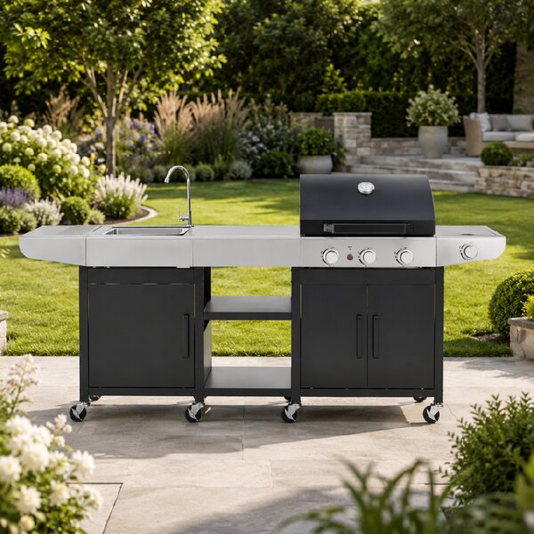 Záhradná BBQ kuchyňa s umývadlom BestBerg BBBQ-25SB / 4 horáky / 11,5 kW / čierna/strieborná