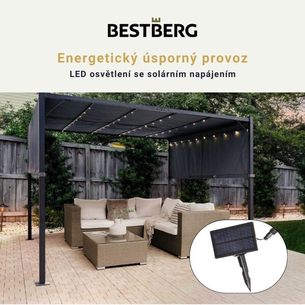 Záhradná pergola s LED solárnym osvetlením BestBerg BBGG-50 / 300 x 300 x 215 cm / šedá
