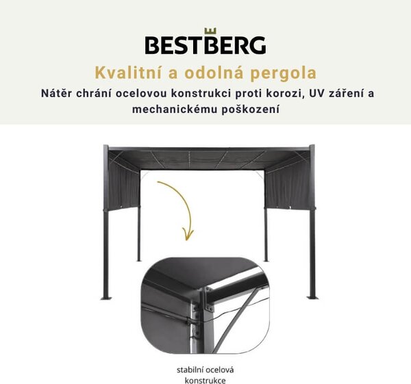 Záhradná pergola s LED solárnym osvetlením BestBerg BBGG-50 / 300 x 300 x 215 cm / šedá