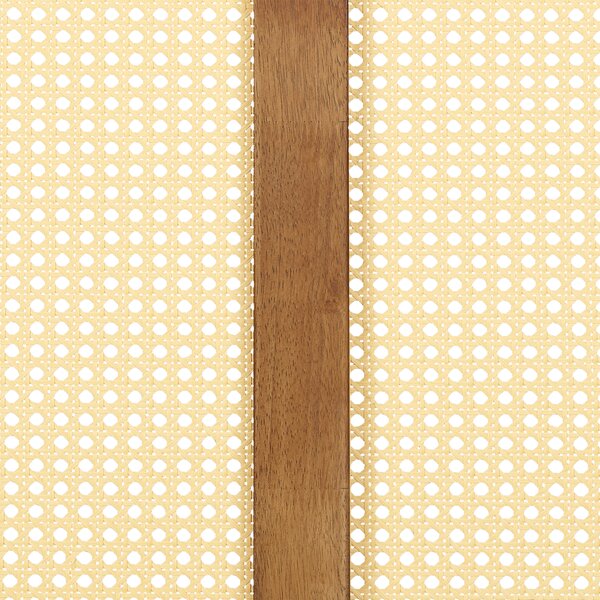 Posteľ svetlé kaučukové drevo 140 x 200 cm dvojlôžko s ratanovým čelom a roštom LED podsvietenie minimalistický rustikálny štýl