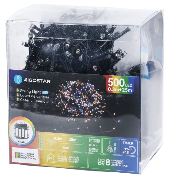 Aigostar - LED vonkajšia vianočná reťaz 500xLED/8 funkcií 4xAA 25,3 m viacfarebná
