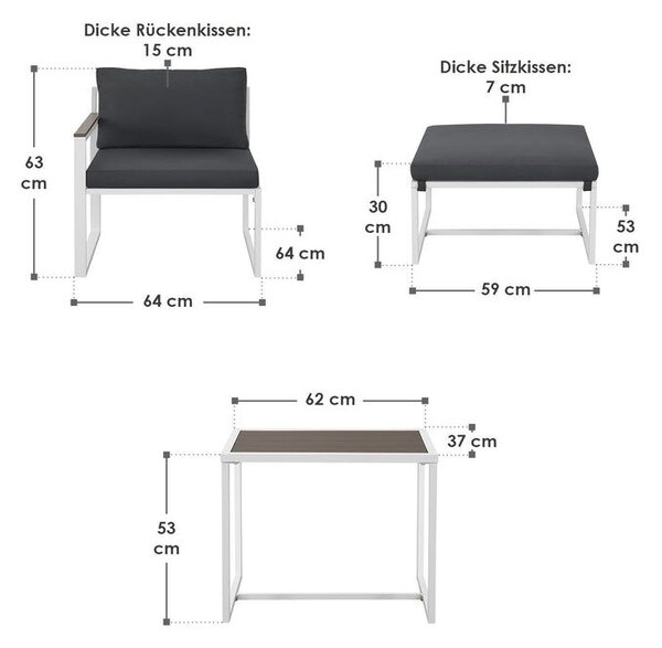 Moderný záhradný nábytok z kovu a polywoodu, 5 dielov, sivý