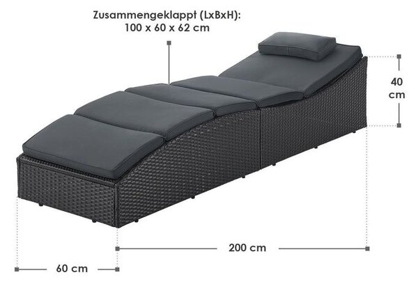 Polyratanové skladacie ležadlo 200 x 60 x 40 cm, čierne