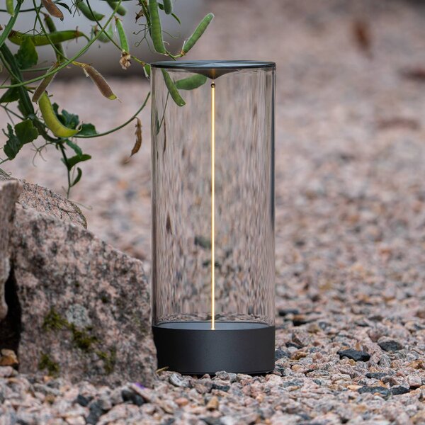 Stolová LED lampa Edison na batérie, výška 32 cm, sivá/číra, IP54, Jasné / priehľadné, Obývacia izba / jedáleň, Plast, Moderný