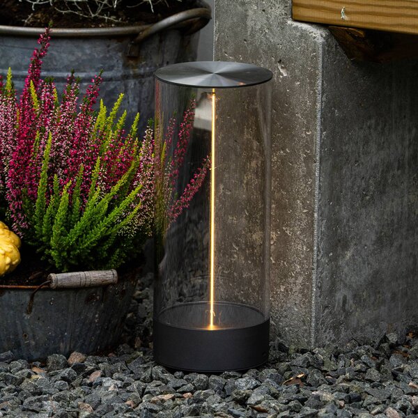 Stolová LED lampa Edison na batérie, výška 32 cm, sivá/číra, IP54, Jasné / priehľadné, Obývacia izba / jedáleň, Plast, Moderný