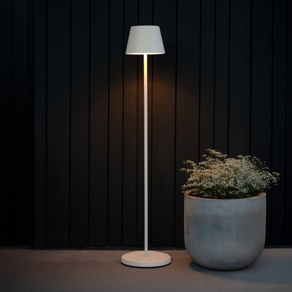 Konstsmide LED stojacia lampa na batérie Pomezia, biele, 124 cm, IP54, USB, Biela / opálová, Obývacia izba / jedáleň, Hliník, Moderný, Stojaca lampa