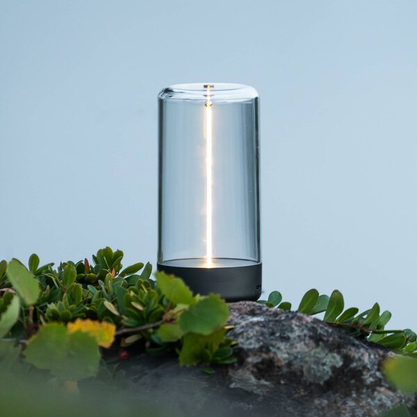 Stolová LED lampa Edison na batérie, výška 15 cm, sivá/číra, IP54, Jasné / priehľadné, Obývacia izba / jedáleň, Plast, Moderný