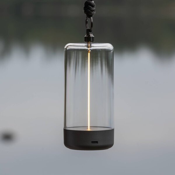 Stolová LED lampa Edison na batérie, výška 15 cm, sivá/číra, IP54, Jasné / priehľadné, Obývacia izba / jedáleň, Plast, Moderný