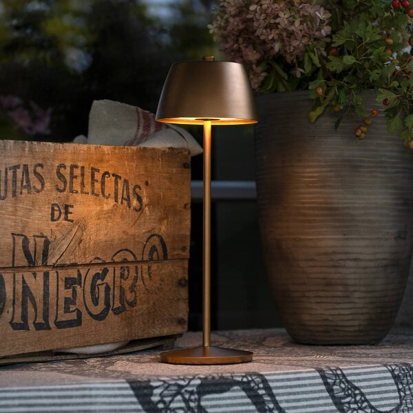 Stolová LED lampa na batérie Eze, matná meď, 32 cm, IP54, USB, Meď, Obývacia izba / jedáleň, Hliník, Moderný, Stojacie svietidlo